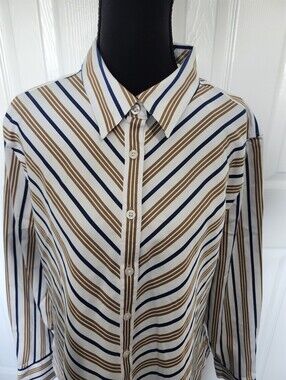 Chico's Size 2.5 Long Sleeve Button Down Striped Blouse Tan/Blue/White